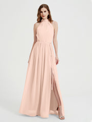 High Neck Full Length Dress with Slit Pearl Pink