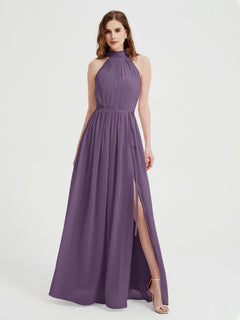 High Neck Full Length Dress with Slit Plum