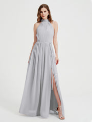 High Neck Full Length Dress with Slit Silver