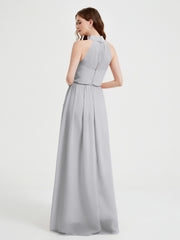 High Neck Full Length Dress with Slit Silver