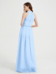 High Neck Full Length Dress with Slit Sky Blue