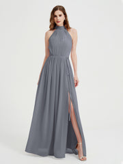 High Neck Full Length Dress with Slit Steel Grey