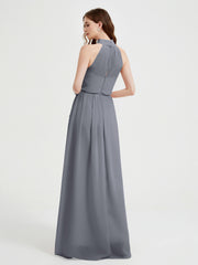 High Neck Full Length Dress with Slit Steel Grey