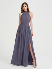 High Neck Full Length Dress with Slit Stormy