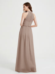 High Neck Full Length Dress with Slit Taupe