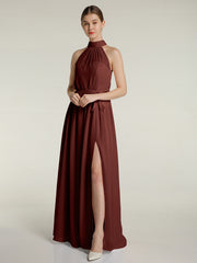 High Neck Full Length Dress with Slit Terracotta