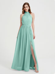 High Neck Full Length Dress with Slit Turquoise