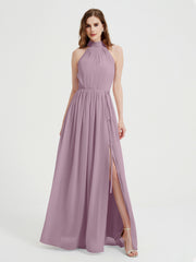 High Neck Full Length Dress with Slit Vintage Mauve