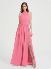 High Neck Full Length Dress with Slit Watermelon