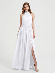 High Neck Full Length Dress with Slit White