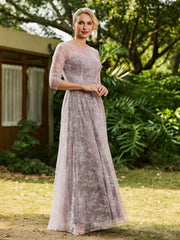 A-line Lace Half Sleeves Pleated Dress Dusk