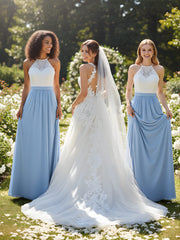 Ivory Lace Top Chiffon Buttom Dress Sky Blue