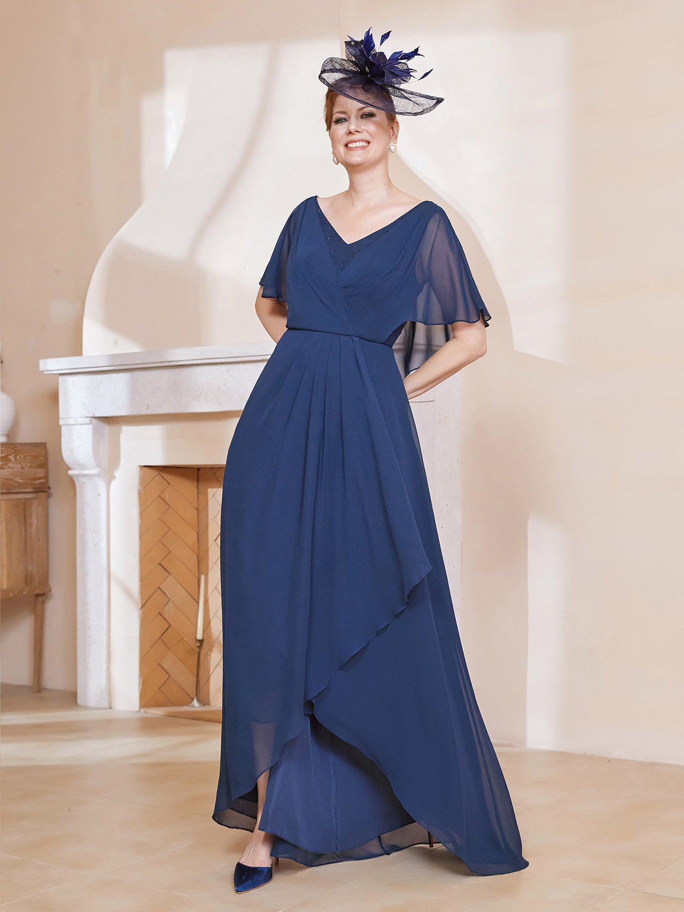 BABARONI Chiffon Dark Navy Mother of the Bride Dresses A-line V-neck  Floor-length Flutter Sleeves – BABARONI UK
