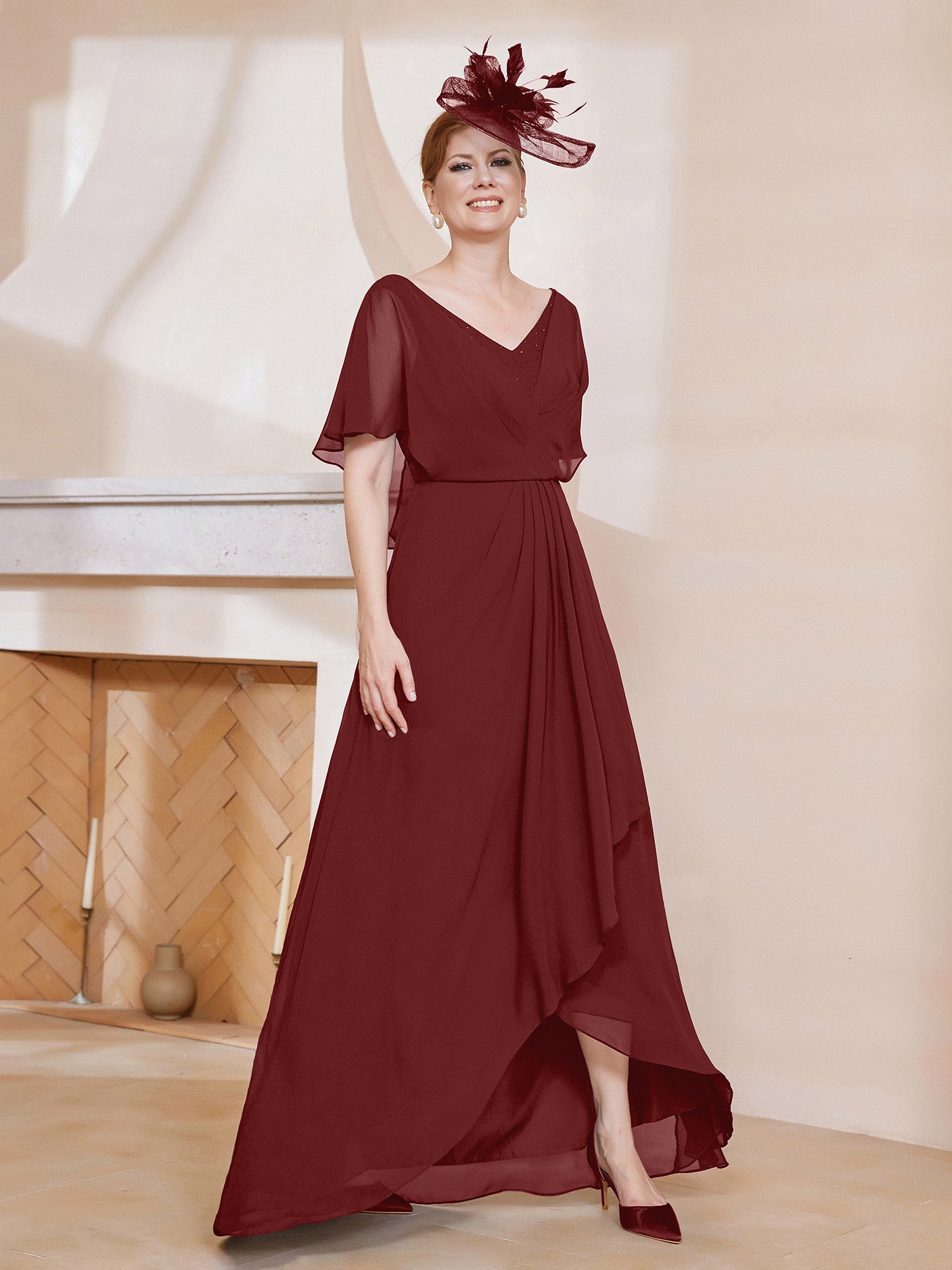BABARONI Chiffon Burgundy Mother of the Bride Dresses A-line V-neck ...