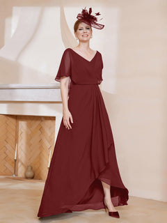 V-Neck Flutter Sleeves Chiffon Pleated Dress Burgundy