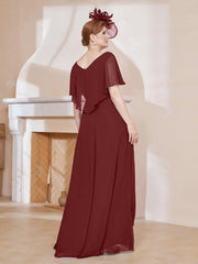 V-Neck Flutter Sleeves Chiffon Pleated Dress Burgundy