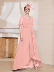 V-Neck Flutter Sleeves Chiffon Pleated Dress Coral Plus Size
