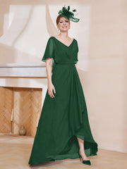 V-Neck Flutter Sleeves Chiffon Pleated Dress Dark Green Plus Size