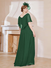 V-Neck Flutter Sleeves Chiffon Pleated Dress Dark Green Plus Size