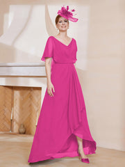 V-Neck Flutter Sleeves Chiffon Pleated Dress Fuchsia Plus Size