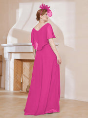 V-Neck Flutter Sleeves Chiffon Pleated Dress Fuchsia Plus Size