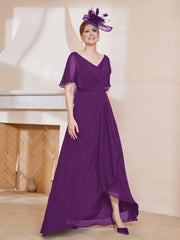 V-Neck Flutter Sleeves Chiffon Pleated Dress Grape Plus Size