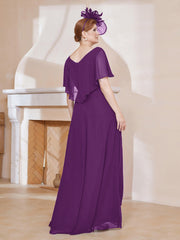 V-Neck Flutter Sleeves Chiffon Pleated Dress Grape Plus Size