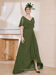 V-Neck Flutter Sleeves Chiffon Pleated Dress Olive Green Plus Size