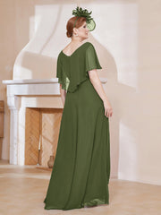 V-Neck Flutter Sleeves Chiffon Pleated Dress Olive Green Plus Size
