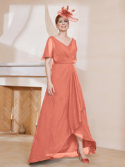 V-Neck Flutter Sleeves Chiffon Pleated Dress Papaya Plus Size