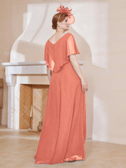 V-Neck Flutter Sleeves Chiffon Pleated Dress Papaya Plus Size