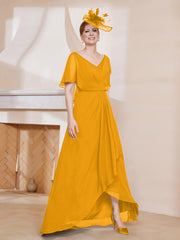 V-Neck Flutter Sleeves Chiffon Pleated Dress Tangerine Plus Size