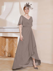 V-Neck Flutter Sleeves Chiffon Pleated Dress Taupe