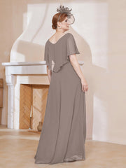 V-Neck Flutter Sleeves Chiffon Pleated Dress Taupe