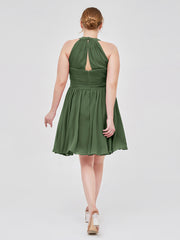 Short Halter Chiffon Bridesmaid Gown Olive Green