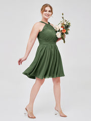 Short Halter Chiffon Bridesmaid Gown Olive Green