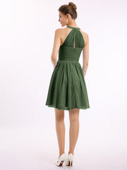 Short Halter Chiffon Bridesmaid Gown Olive Green
