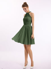 Short Halter Chiffon Bridesmaid Gown Olive Green