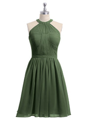 Short Halter Chiffon Bridesmaid Gown Olive Green