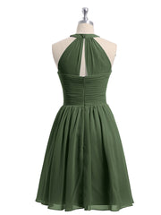Short Halter Chiffon Bridesmaid Gown Olive Green