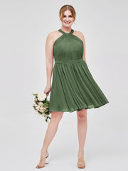 Short Halter Chiffon Bridesmaid Gown Olive Green