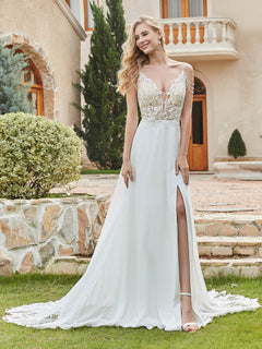 Lace Bodice Spaghetti Strap A-line Wedding Dress Ivory