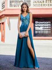 A-line V-Neck Lace Chiffon Prom Dresses Ink Blue Plus Size
