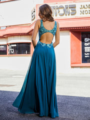 A-line V-Neck Lace Chiffon Prom Dresses Ink Blue Plus Size