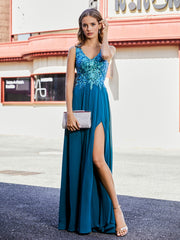A-line V-Neck Lace Chiffon Prom Dresses Ink Blue Plus Size