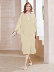 Sheath V-Neck Tea-Length Chiffon Dress Champagne