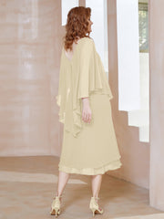 Sheath V-Neck Tea-Length Chiffon Dress Champagne