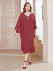Sheath V-Neck Tea-Length Chiffon Dress Cinnamon Rose