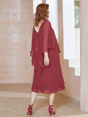 Sheath V-Neck Tea-Length Chiffon Dress Cinnamon Rose