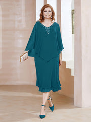Sheath V-Neck Tea-Length Chiffon Dress Ink Blue